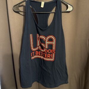 Navy Racerback Tank Top with USA Does It Better Graphic